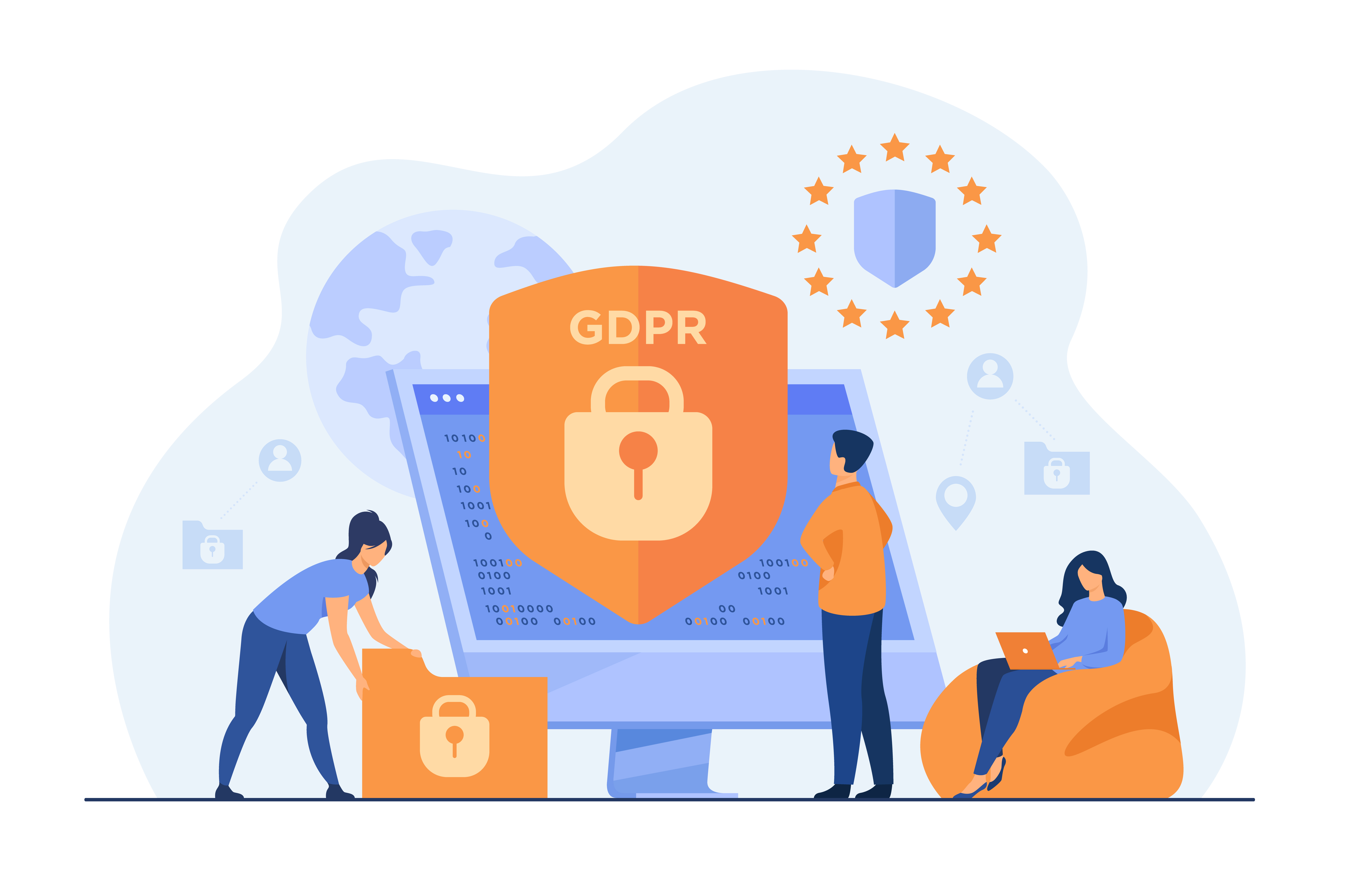 GDPR compliance shield with team members managing data protection