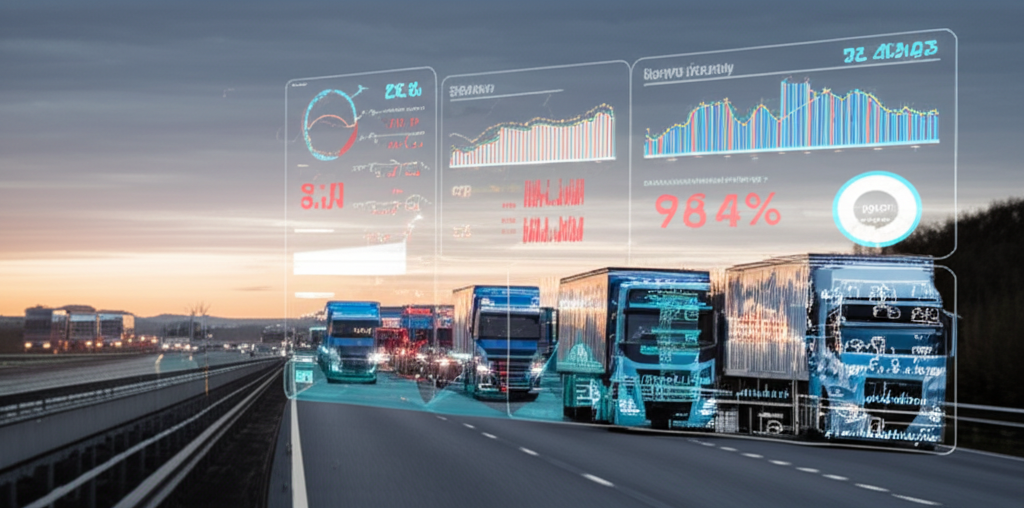 UK road freight with AI analytics overlay showing route optimization and efficiency metrics